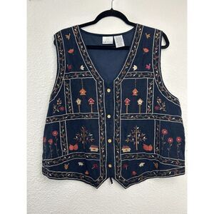 Vintage Bobbie Brooks Women's Corduroy Birdhouse Vest L (12/14) Blue Embroidered